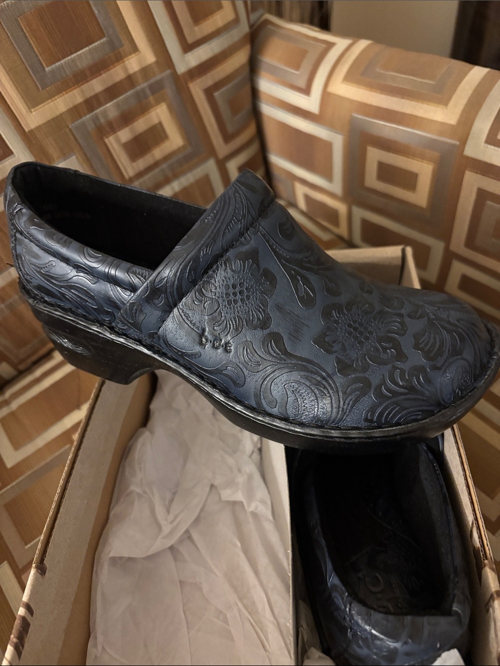 Women’s  Black Embossed Leather Slip-On Clog